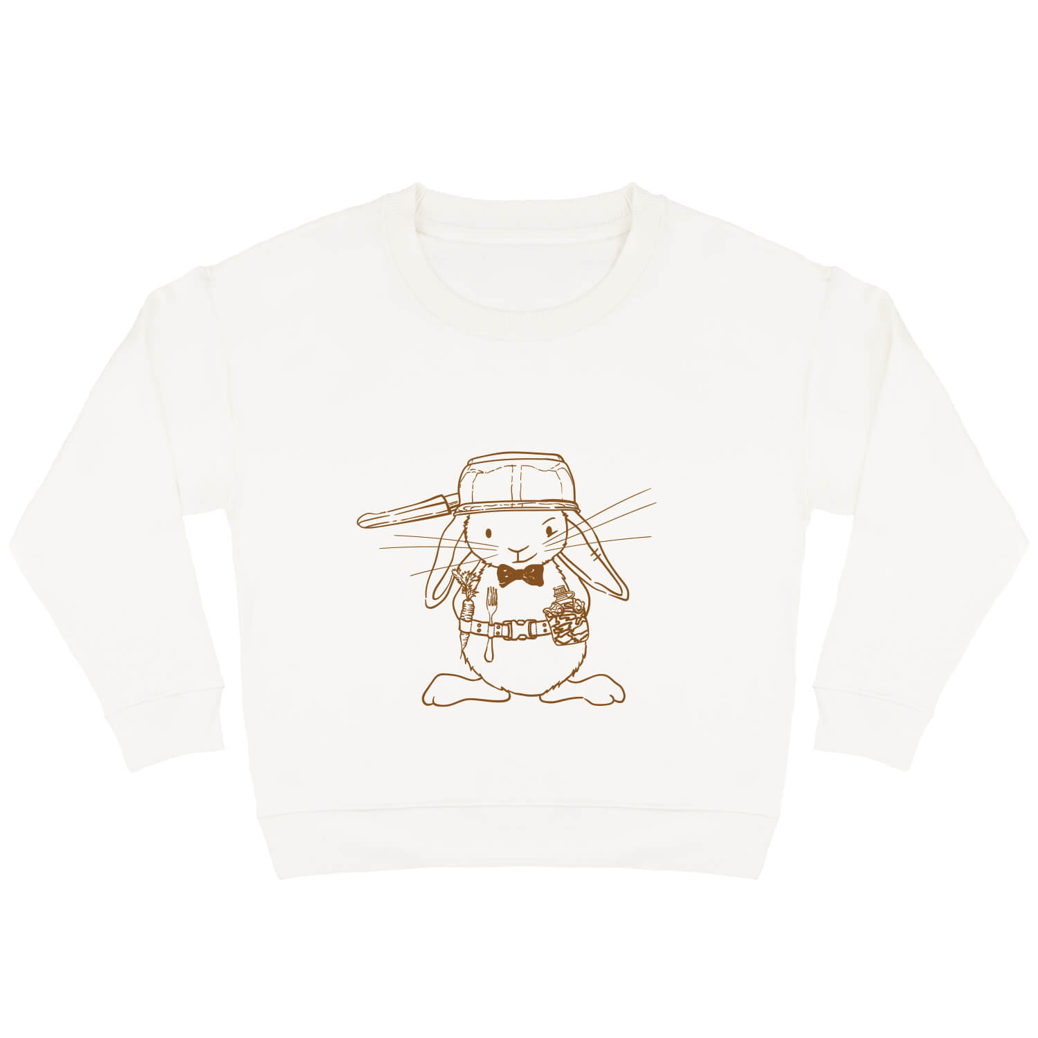 Offwhite sweater voor kinderen met caramelkleurige print van stoer strijder konijn Guus met een pan op zijn hoofd.