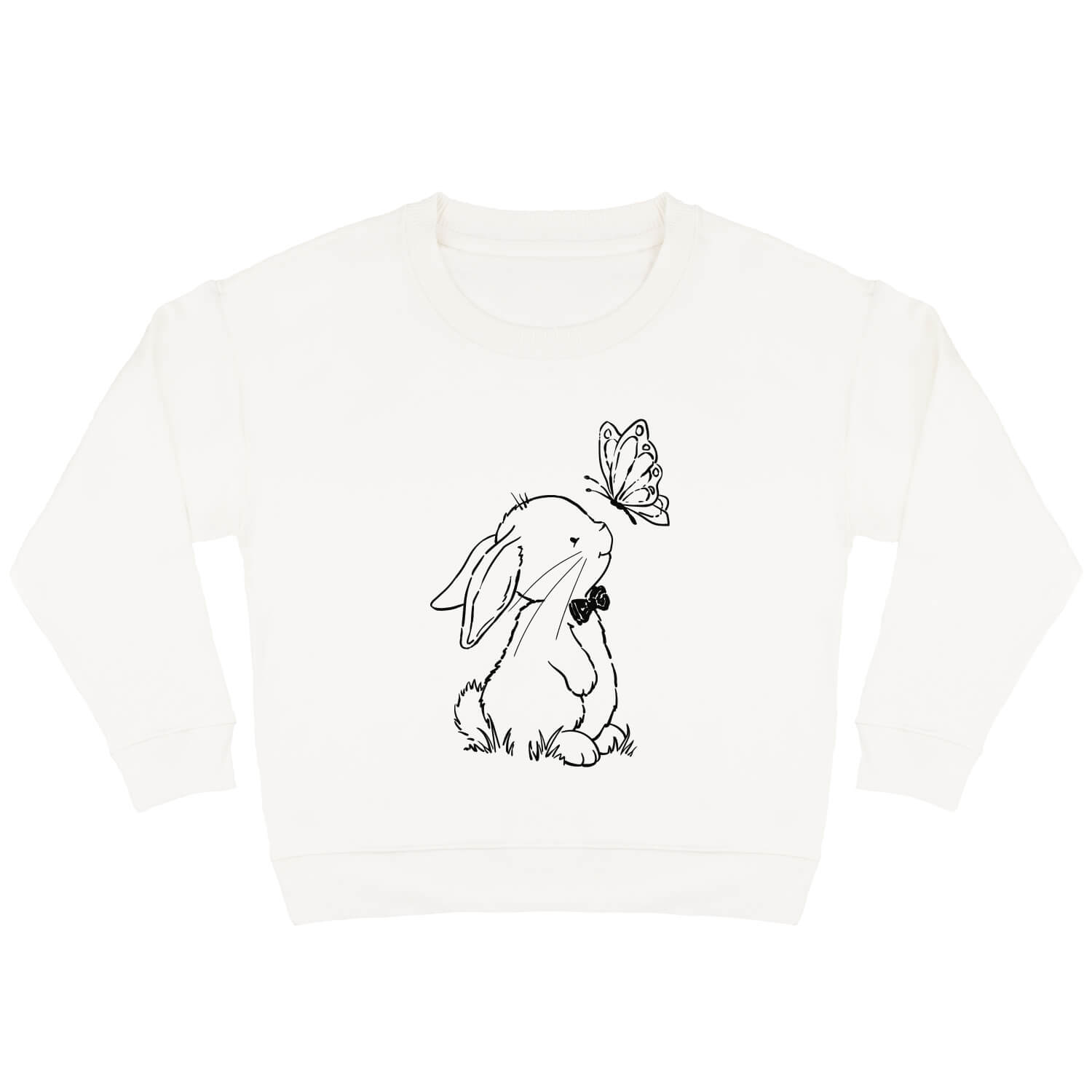 Duurzame, offwhite kindersweater met diep zwarte print van konijn Guus en een prachtige vlinder.