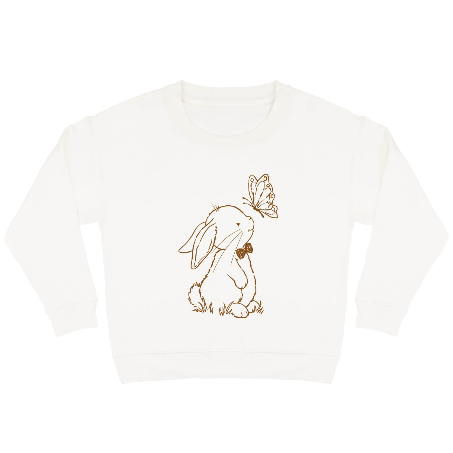 Offwhite sweater voor kinderen met caramelkleurige print van konijn Guus en een prachtige vlinder.