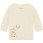 Achterkant offwhite babysweater met logoprint in de nek, links onderin konijn Guus met sweater en keurmerk.