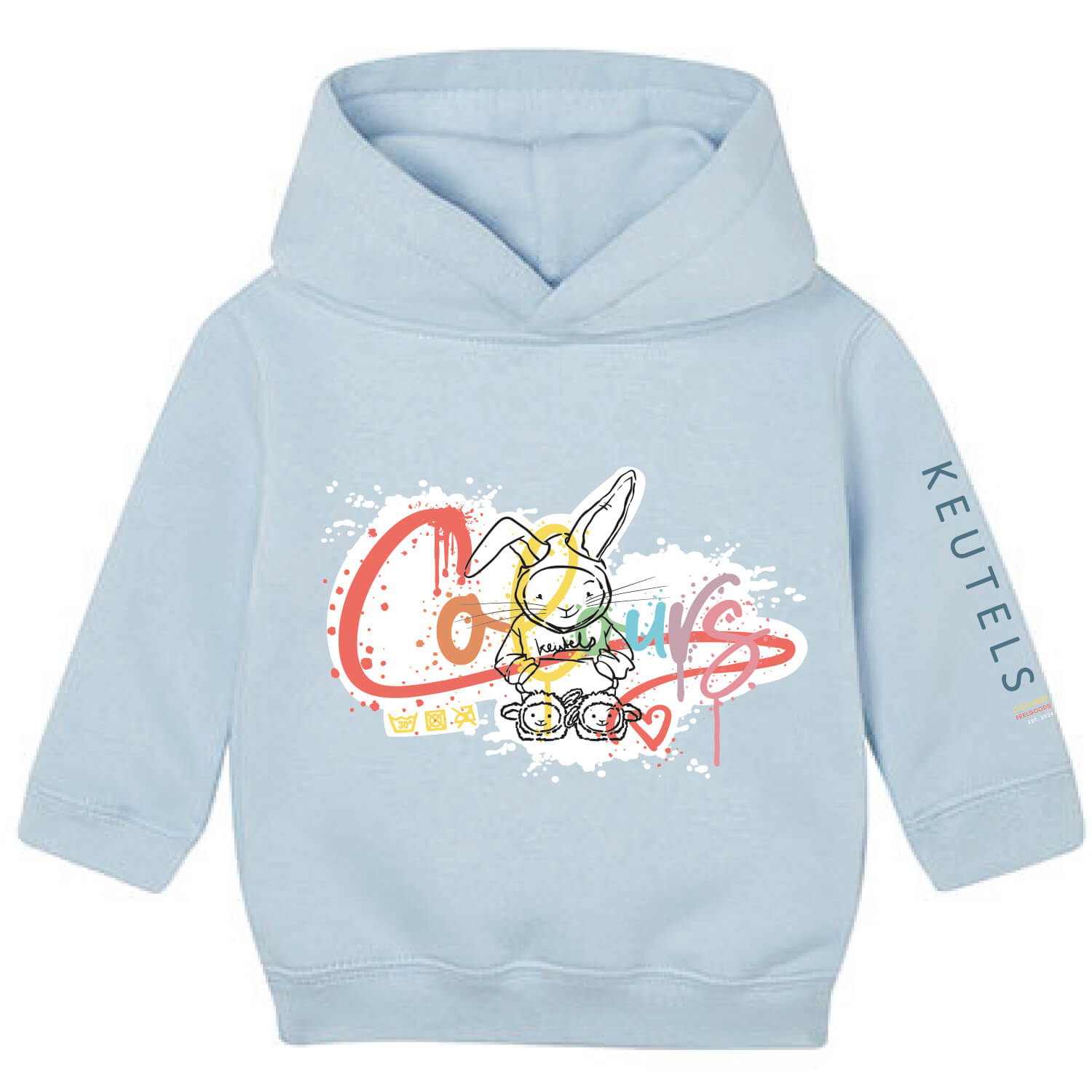 Baby capuchon trui voor jongens in de kleur sky blue met print van konijn Guus en de tekst ‘Colours’ in regenboogkleuren – zacht, duurzaam, biologische katoenmix