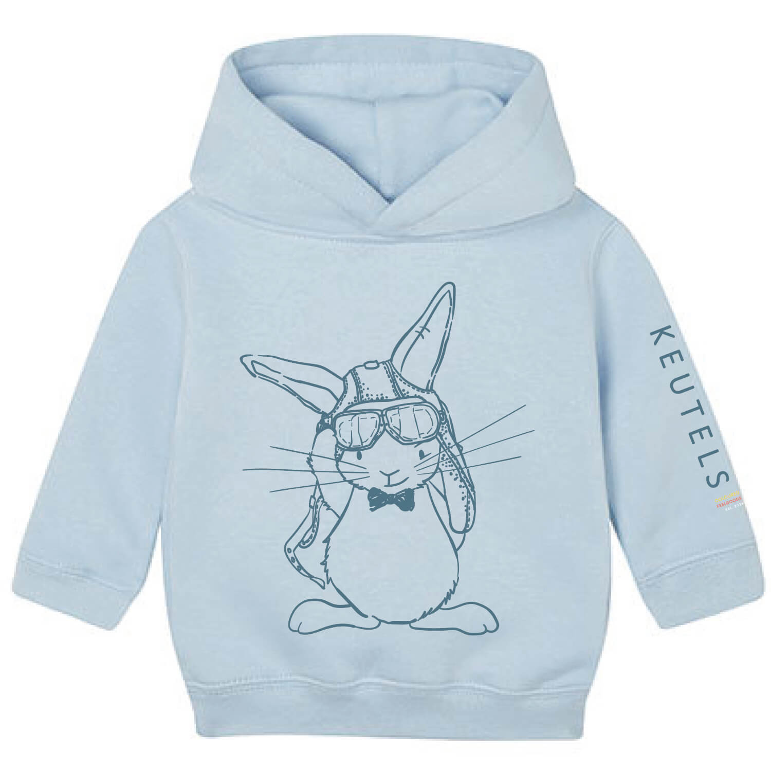 Baby hoodie voor jongens in de kleur sky blue met print van konijn Guus als piloot – zacht, duurzaam, biologische katoenmix