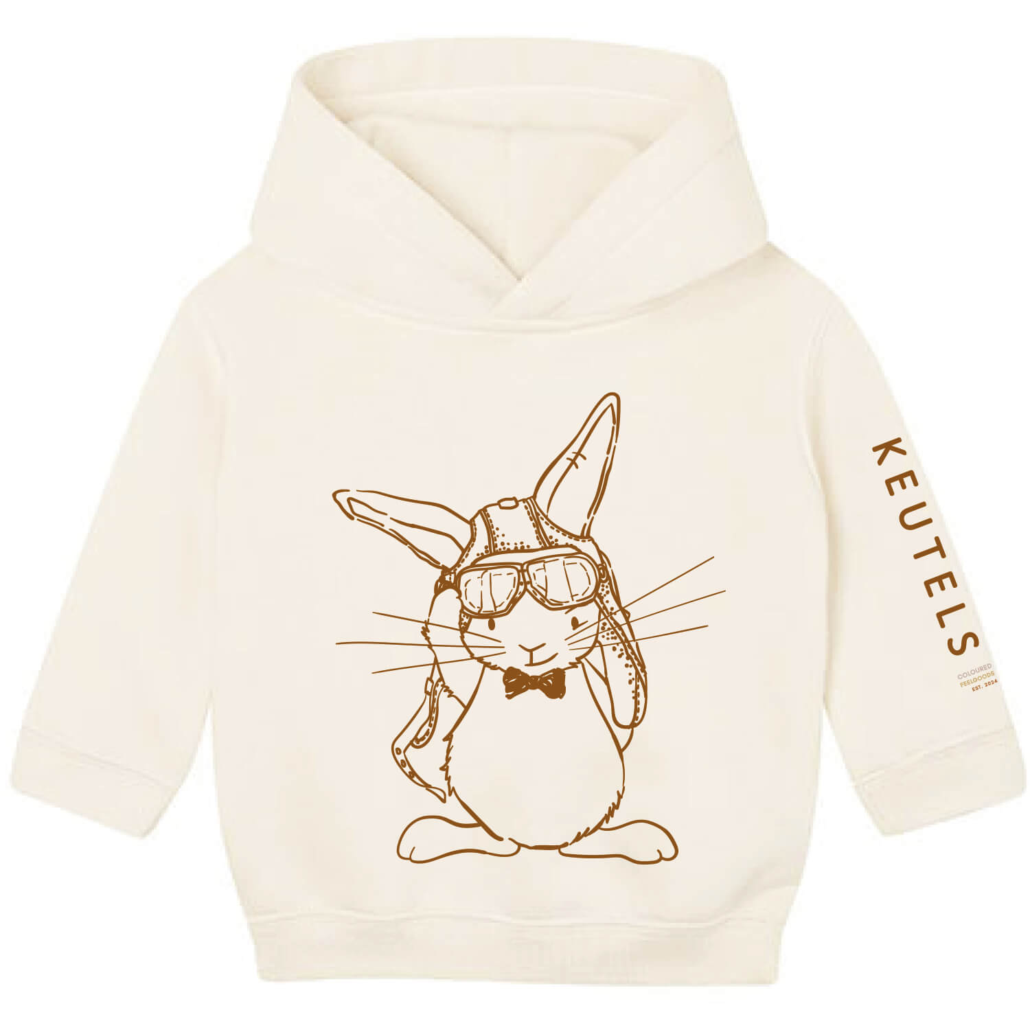 Baby hoodie in de kleur natural met print van konijn Guus als piloot – zacht, duurzaam, biologische katoenmix