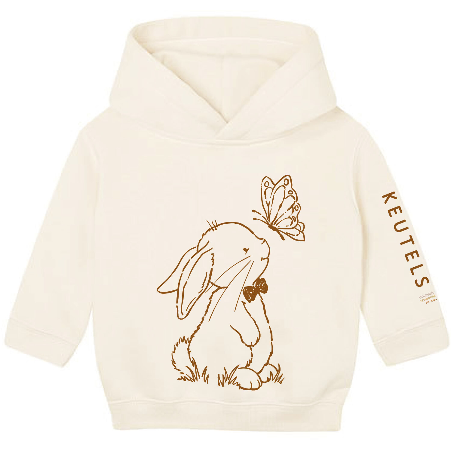 Baby hoodie in de kleur natural met print van konijn Guus en een vlinder – zacht, duurzaam, biologische katoenmix