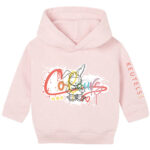 Baby capuchon sweater voor meisjes in de kleur soft rose met print van konijn Guus en de tekst ‘Colours’ in regenboogkleuren – zacht, duurzaam, biologische katoenmix