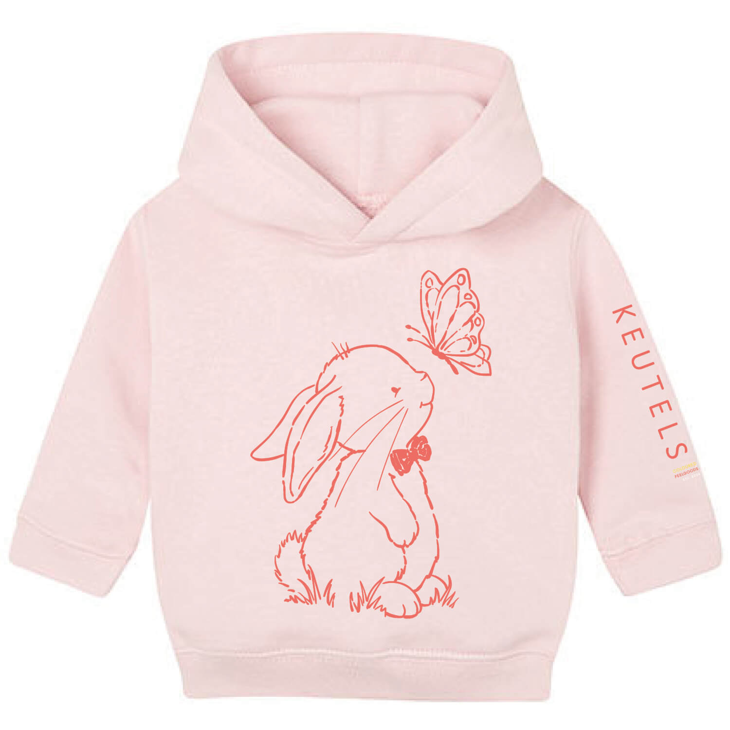 Baby hoodie voor meisjes in de kleur soft rose met print van konijn Guus en een vlinder – zacht, duurzaam, biologische katoenmix