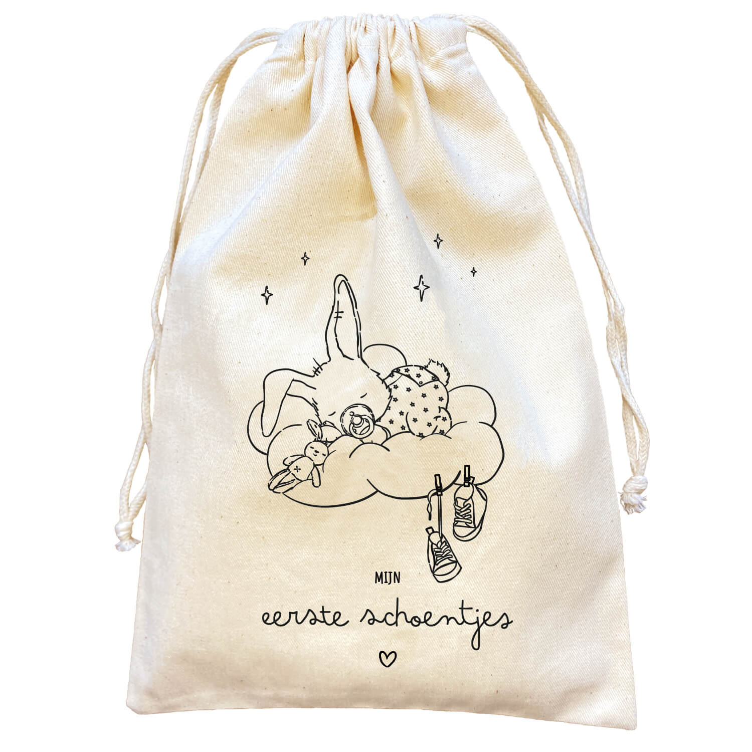 Bewaarzakje in de kleur natural met print van baby konijn Guus, slapend op een wolk – 100% katoen