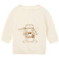 Offwhite babysweater met caramelkleurige print van konijn Guus die een steelpan als helm draagt en ‘gewapend’ is met een wortel, vork en drinkfles.
