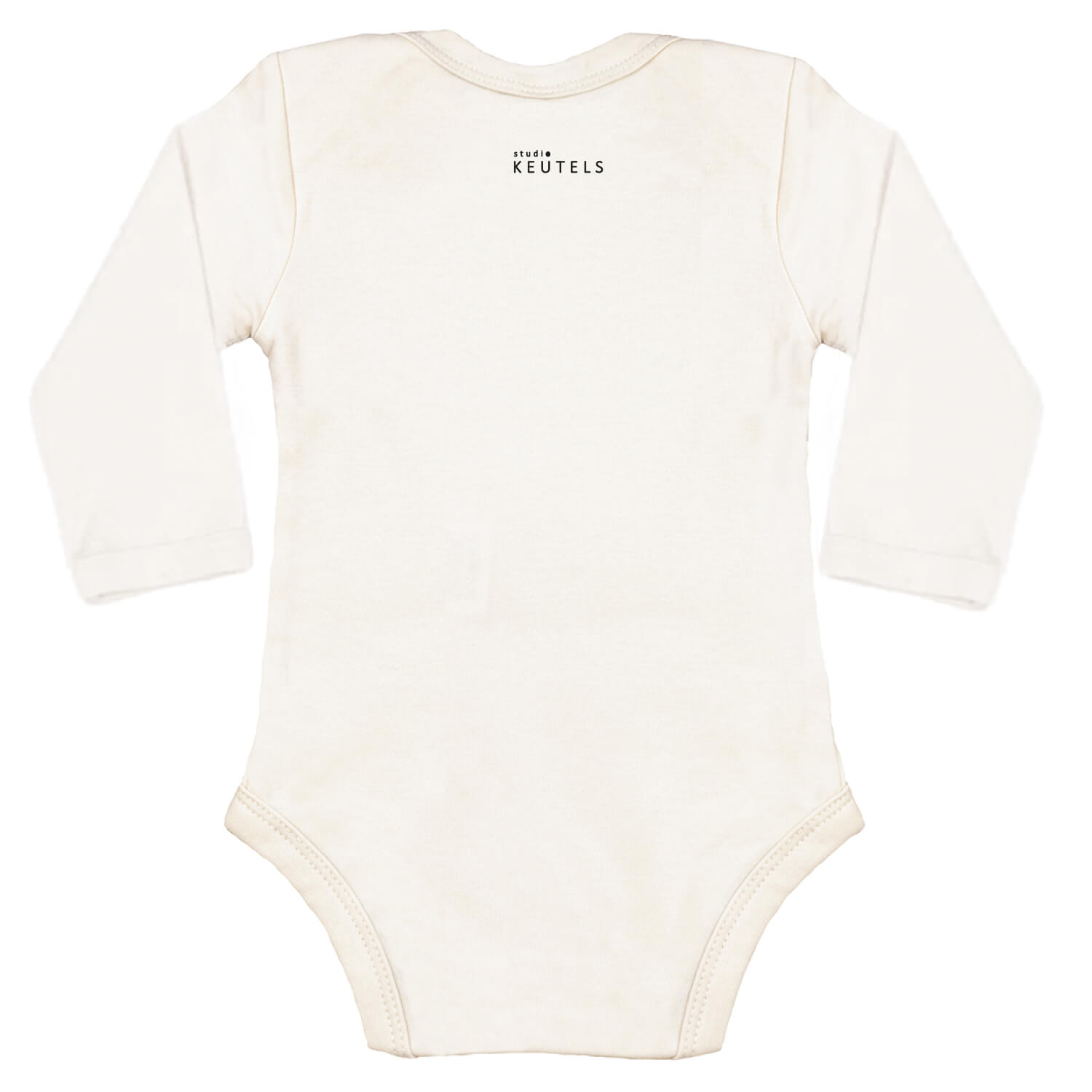Achterkant van romper met lange mouw, logoprint ‘Studio Keutels’ klein in zwart – duurzaam, 100% katoen