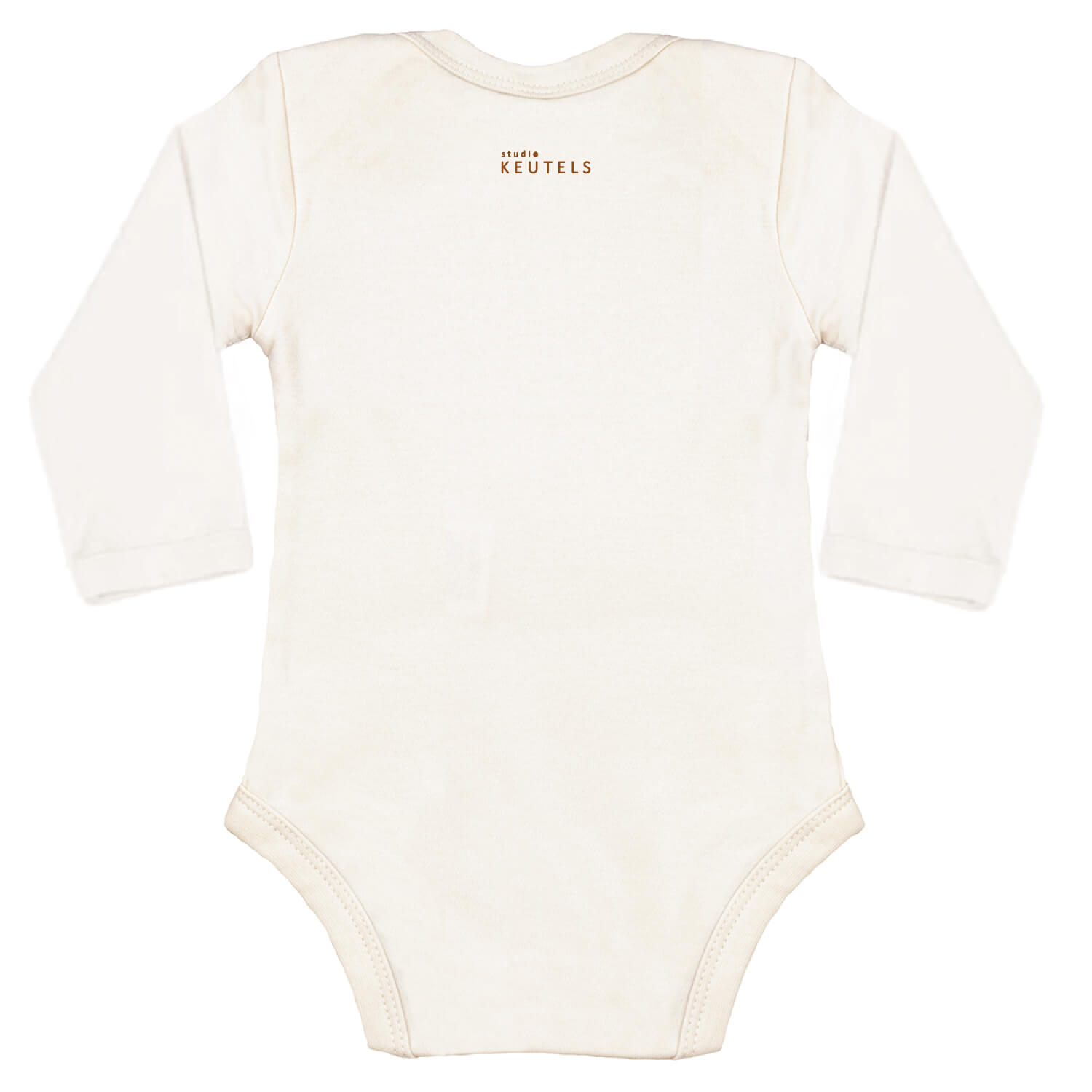 Achterkant van romper met lange mouw, logoprint ‘Studio Keutels’ klein in caramelkleur – duurzaam, 100% katoen