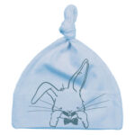 Baby mutsje met knoop – sky blue (blauw) - met print van konijn Guus die een gekke bek trekt – zacht, duurzaam, 100% katoen