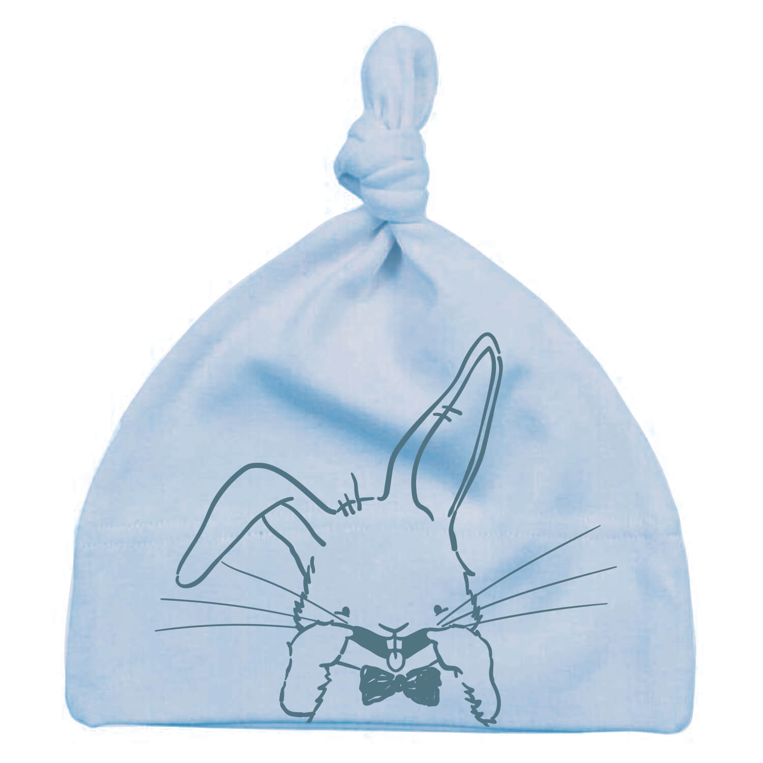Baby mutsje met knoop – sky blue (blauw) - met print van konijn Guus die een gekke bek trekt – zacht, duurzaam, 100% katoen