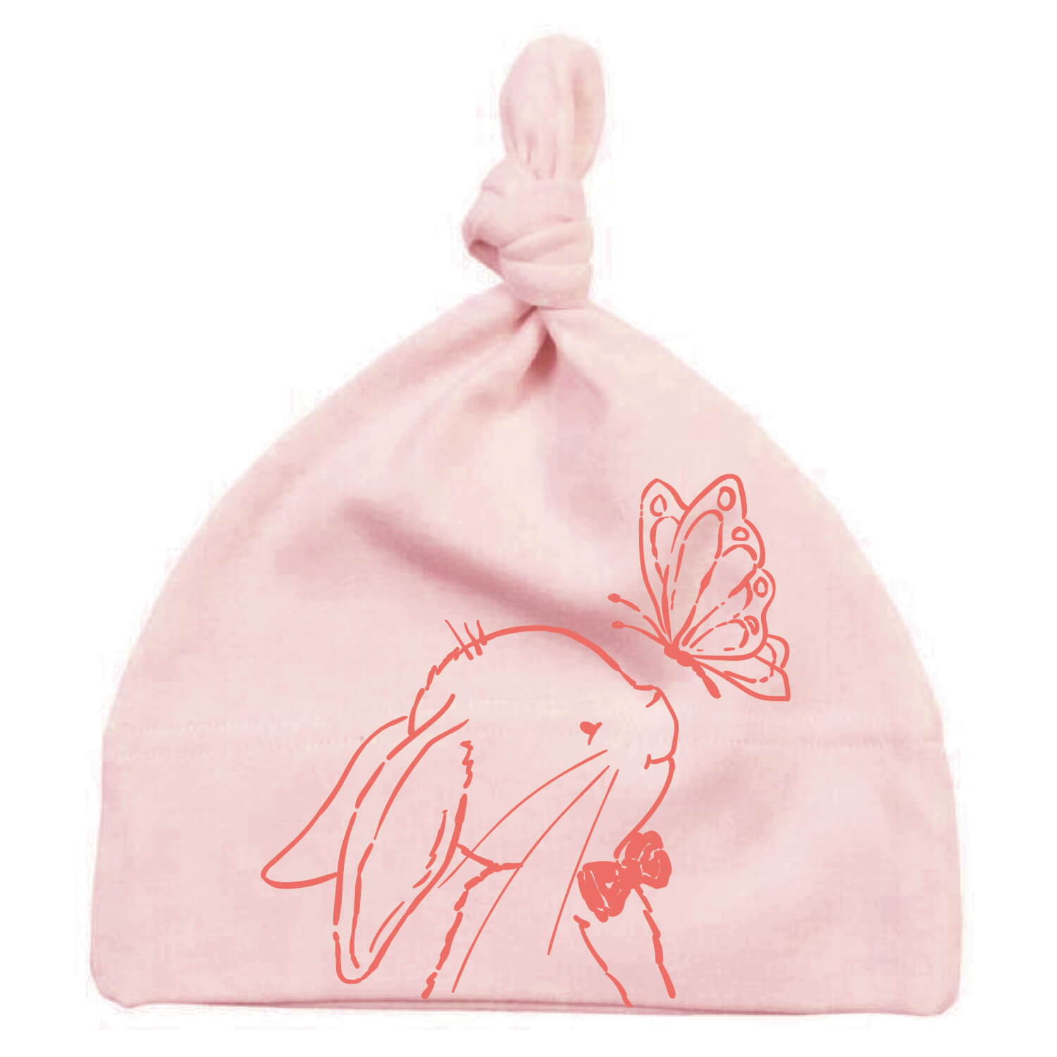Baby mutsje met knoop – soft rose (roze) - met print van konijn Guus en een vlinder – zacht, duurzaam, 100% katoen