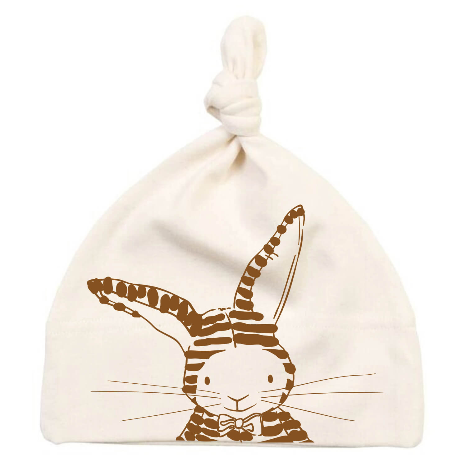 Baby mutsje met knoop – natural - met print van konijn Guus in een strepenpak – zacht, duurzaam, 100% katoen