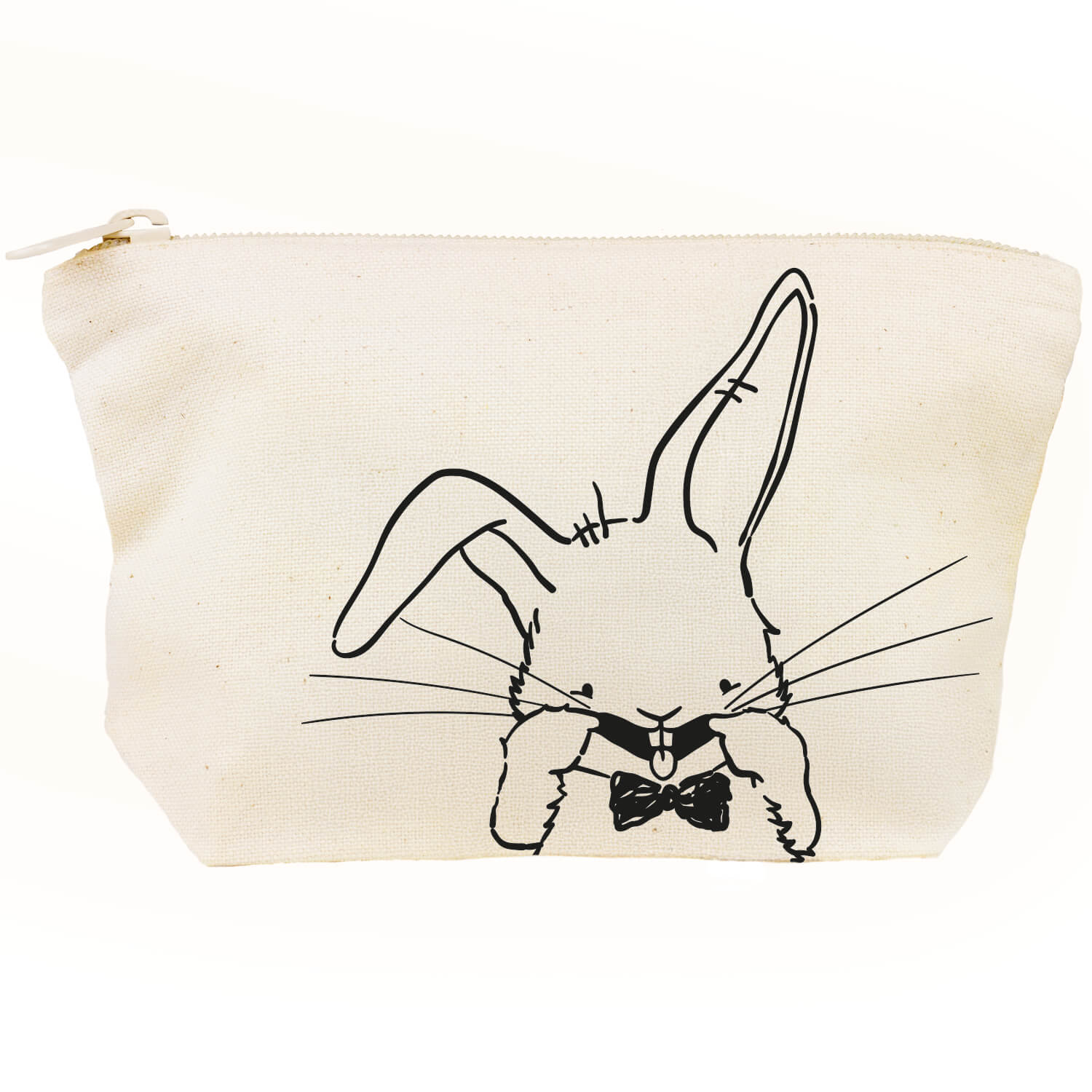 Duurzame canvas etui van Studio Keutels in de kleur natural, met konijn Guus die een gekke bek trekt.