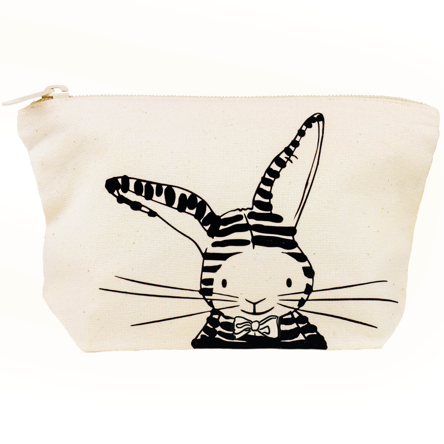 Duurzame canvas etui van Studio Keutels in de kleur natural, met konijn Guus in een gestreept pak.