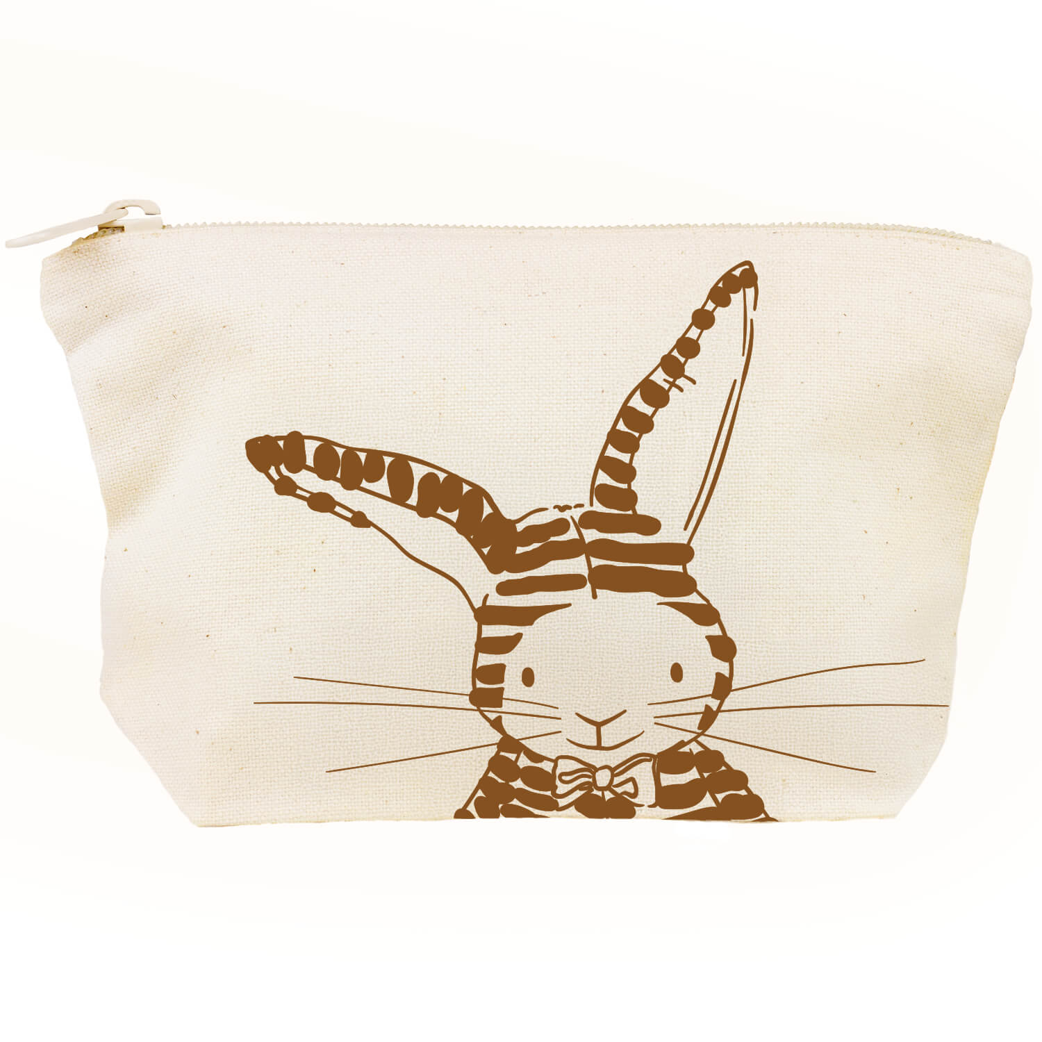 Eerlijk geproduceerde canvas etui van Studio Keutels in de kleur natural, met konijn Guus in een gestreept pak.