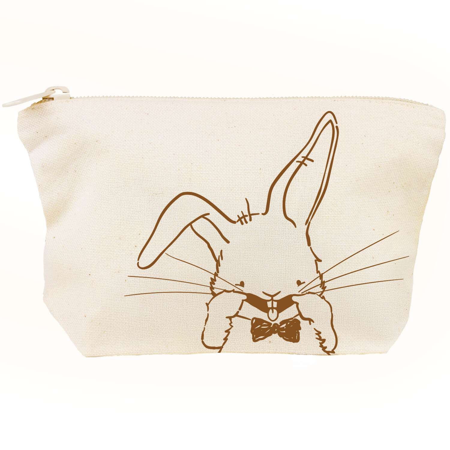 Duurzame canvas etui van Studio Keutels in de kleur natural, met konijn Guus die een gekke bek trekt.